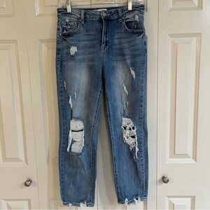 Risen Distressed Straight Cropped HighRise Blue Jeans Size 9